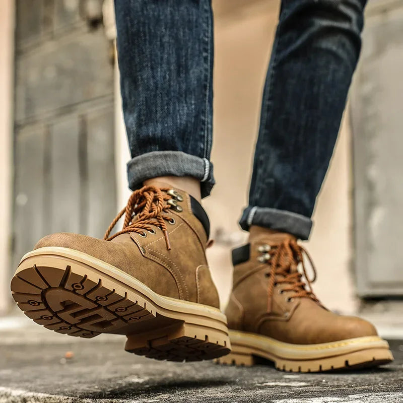 Men Ankle Boots Platform Leather Boots 2025 Fashion Brown Lace-up Boot High Top Comfortable Casual Shoes Non-slip Work Men Boots