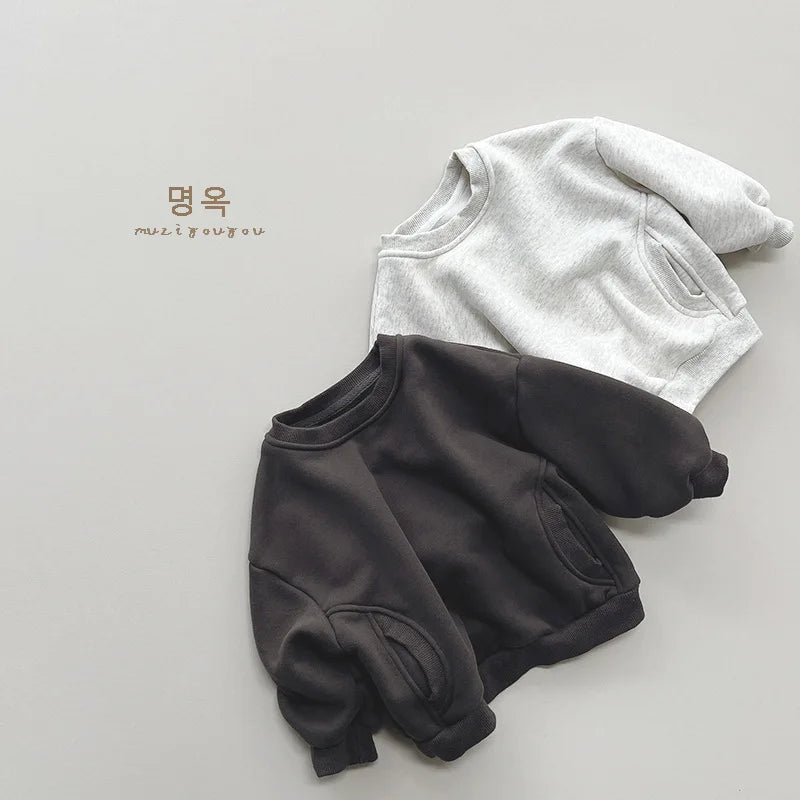 2025 Winter New Baby Long Sleeve Fleece Sweatshirt Infant Boy Girl Solid Warm Pullover Plus Velvet Thick Toddler Casual Clothes