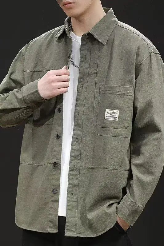 Retro Casual Loose Fit Men's Shirt Long Sleeve Turn-down Collar Fashionable Workwear Jacket Outerwear for Youth