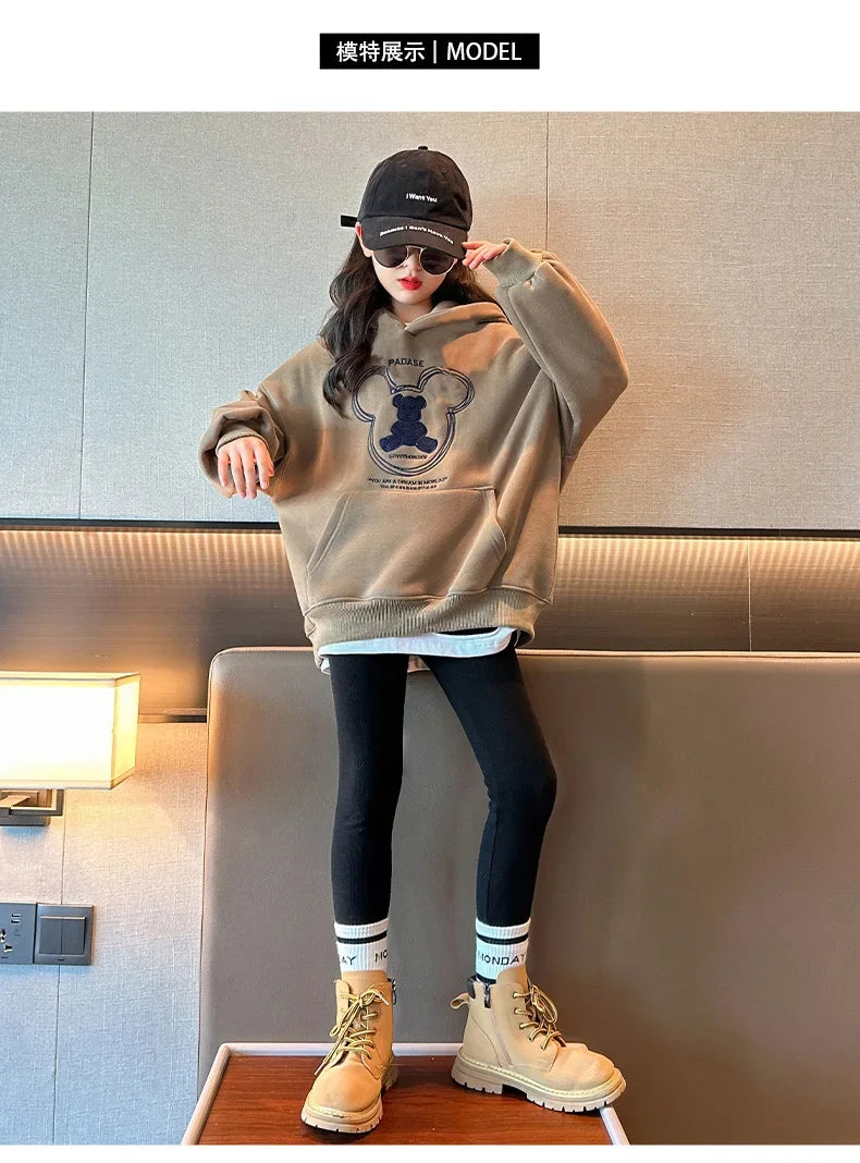 2026 girls clothes spring winter sweatshirt bear t-shirt hooded + stretch pants leggings teens children set 8 9 10 11 12 year