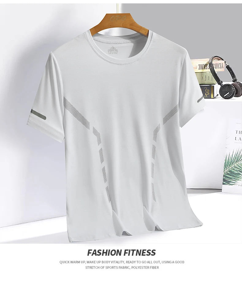 Men Running T-shirt Breathable Stretch Summer Top Gym Fitness Running Thin Short Sleeve Sportswear M-5XL Gray Blue Black White