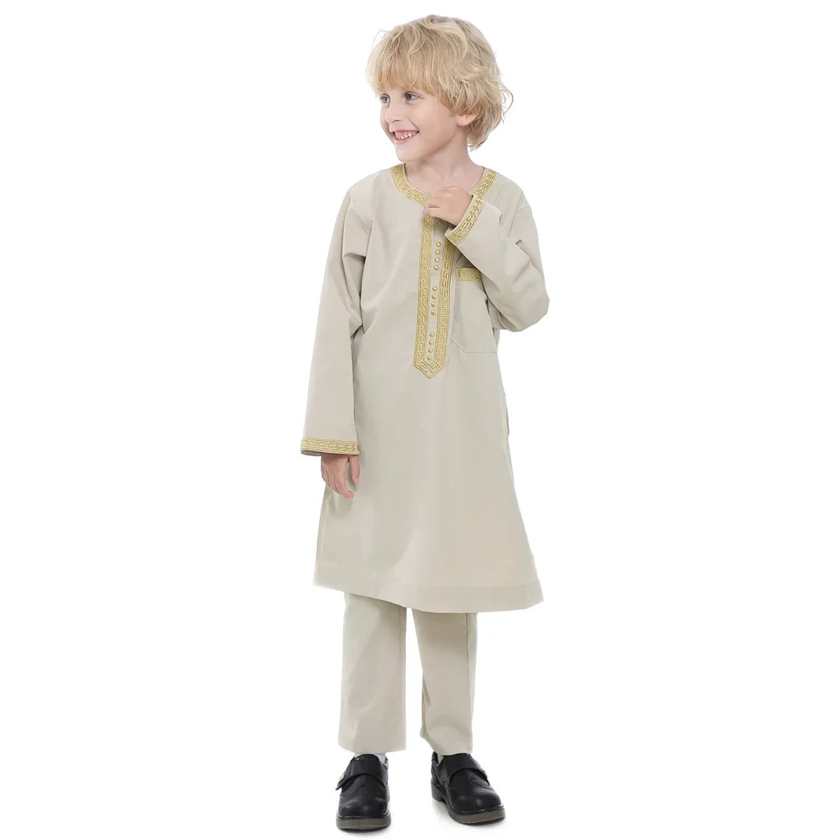 Muslim Children Robe 2 Pieces Set Kids Boy Round Neck Long Sleeve Printed Dress Shirt Abaya Kaftan Jubba Thobe Islamic Clothing