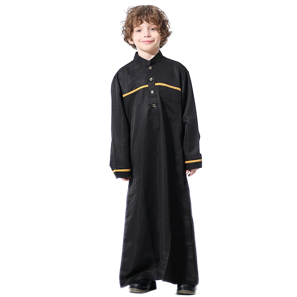 Ramadan Eid Islamic Boys Long Robe Children Traditional Arab Thobe Thawb Caftan Solid Color Long Sleeve Stand Collar with Pocket