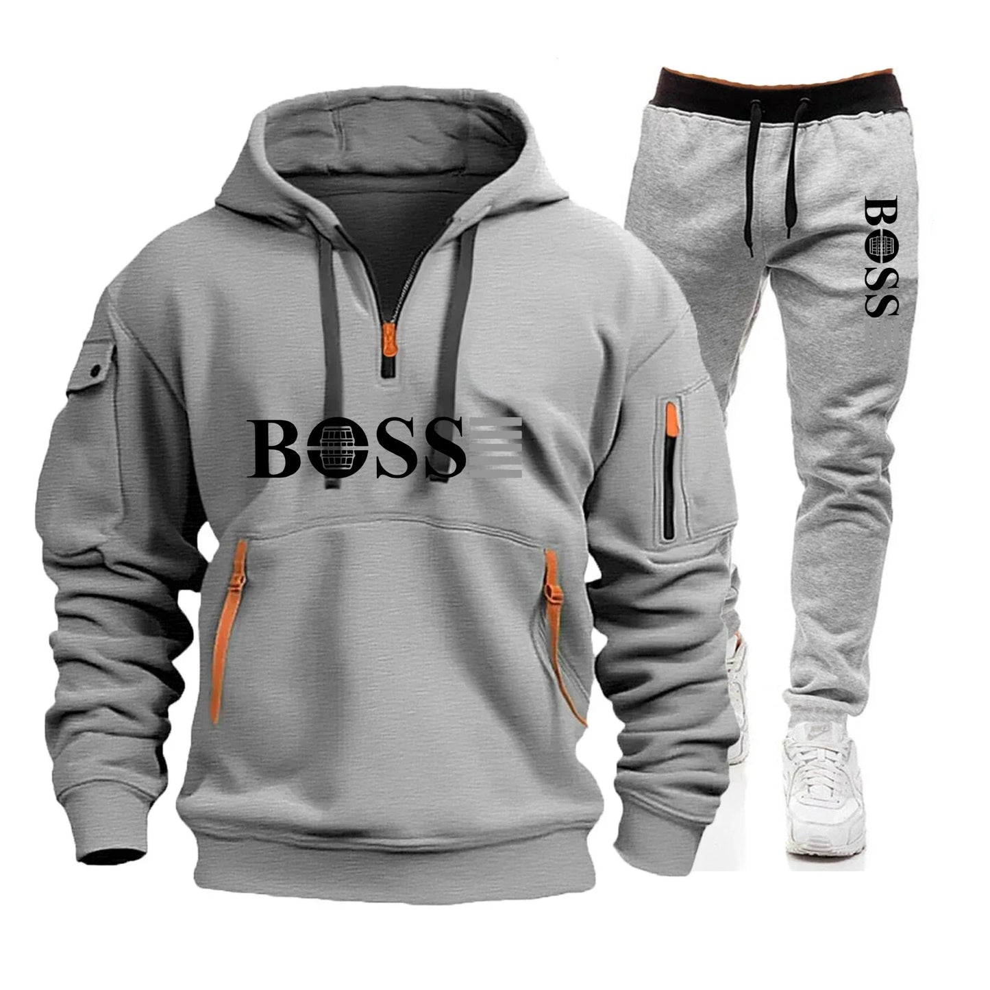 Men's Autumn and Winter New Pullovers Hoodie and Pants 2-piece Set, Outdoor Jogging Windproof Zipper Warm Men's Sportswear