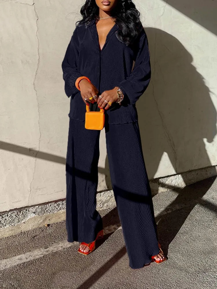 CM.YAYA Pleated Women's Set Long Sleeve Shirt Tops and Straight Wide Leg Pants Elegant Tracksuit Two 2 Piece Set Fitness Outfits