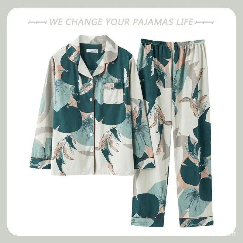 Ladies 100% Pure Cotton Long Sleeve Spring Autumn Lightweight Full Cotton Set Cardigan Sleepwear for Middle-Aged Mothers