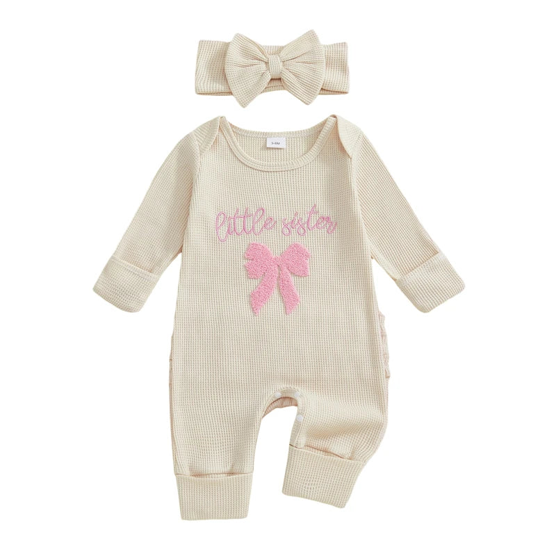 Newborn Baby Girls 2Pcs Fall Romper Outfits Long Sleeve Round Neck Bow Letter Embroidery Jumpsuit with Headband Set