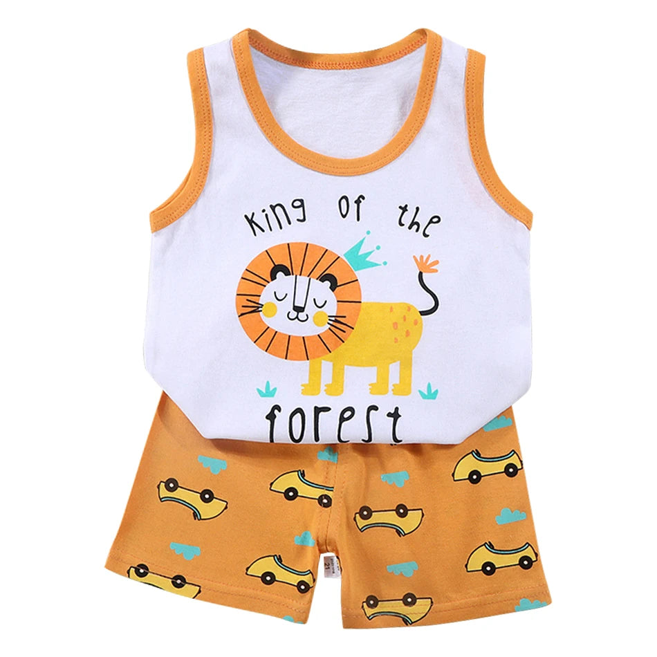2 Pcs Summer Children's Animal Cartoon Print Vest Sets Girls Clothes Baby Korean Thin Boys Kids Sleeveless Casual Clothing Sets