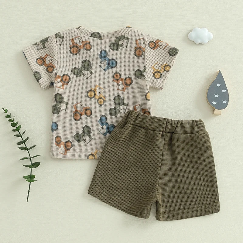 Baby Toddler Boy Summer Outfit Waffle Tractor Print Short Sleeve T-shirts Solid Elastic Waist Shorts 2 Piece Summer Set