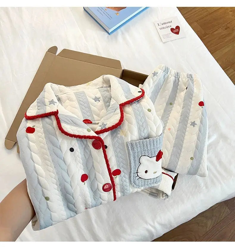Hot Sanrio Girl Loungewear Set Hello Kitty Anime Kawaii Casual Loose Comfort Air-Layer Fabric 2-Piece Set Children Clothing New