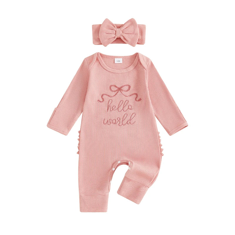 Newborn Baby Girls 2Pcs Fall Romper Outfits Long Sleeve Round Neck Bow Letter Embroidery Jumpsuit with Headband Set