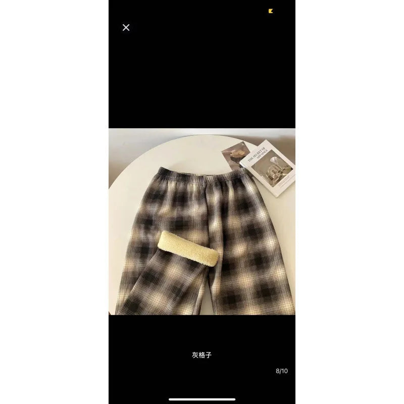 High Waist Straight Leg Pants Women's Autumn Winter Thickened Fleece Lamb Velvet Plaid Pants Loose Wide Leg Casual Trousers