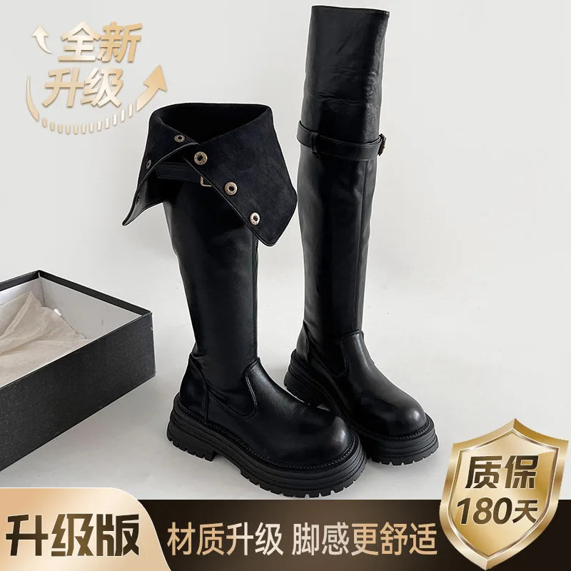 Over-the-Knee Boots2025Autumn and Winter New Retro British Style Chunky Heel Platform Boots Women's Tube Skinny Boots