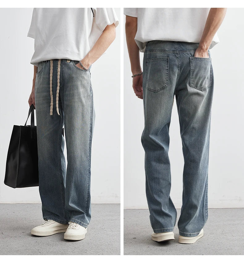 Men's Japanese Retro Jeans 2025 Summer New Fashion Personality Straight Elastic Waist Straight Jeans Loose Casual Jeans Pants
