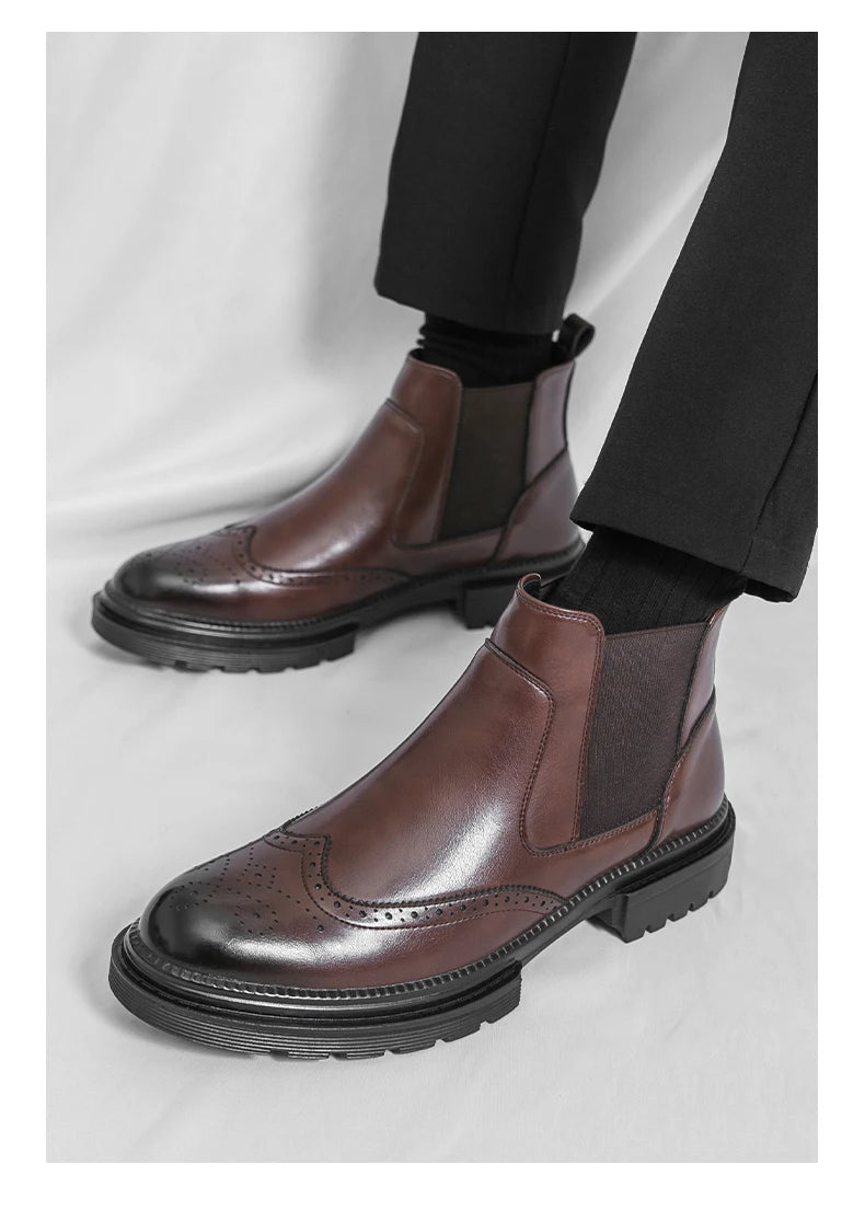 Men's riding boots British-style retro brogue carved high-top leather shoes men's casual leather shoes thick-soled leather boots