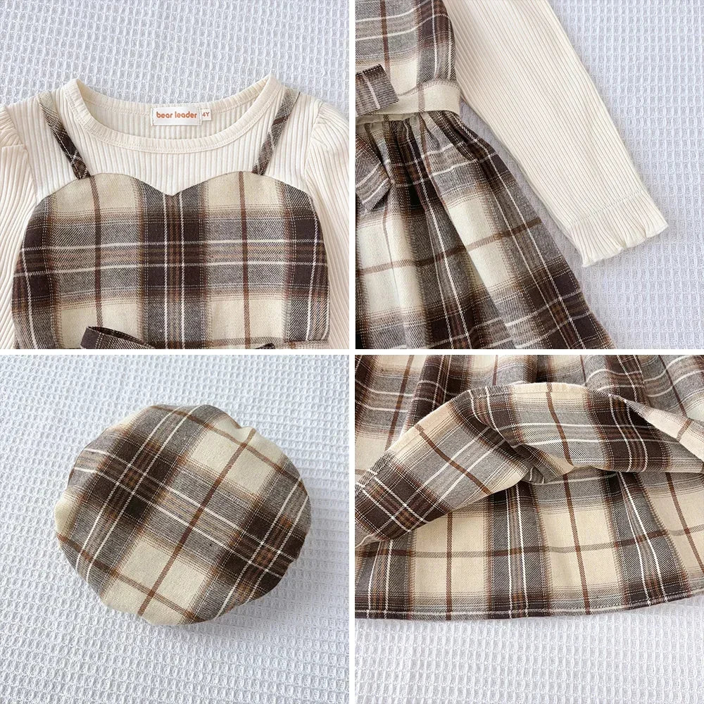 Korean Version Long Sleeved Shirt Fake Two-piece with Belt+Print Hat Outfits 3-7 Years Old Autumn New Plaid Girls Casual Dresses