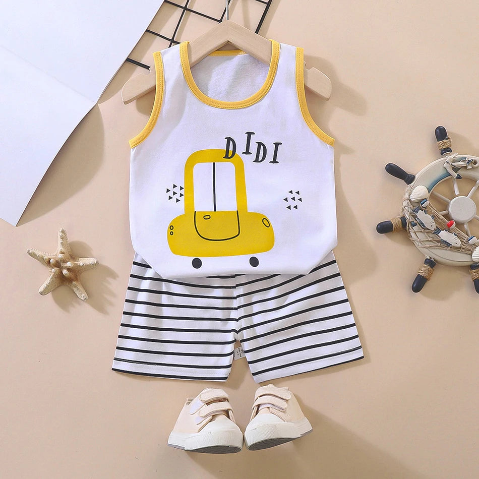 2 Pcs Summer Children's Animal Cartoon Print Vest Sets Girls Clothes Baby Korean Thin Boys Kids Sleeveless Casual Clothing Sets