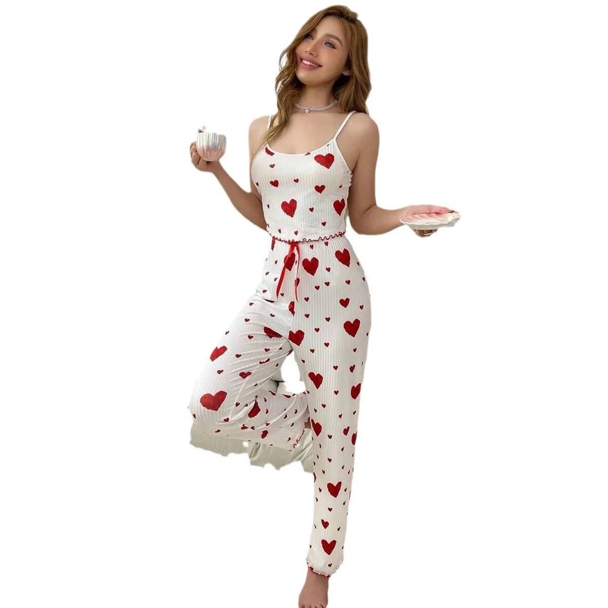 2025 Women Pajamas Plus Size Pajamas Set 2 Piece Short Vest + Trouser White Breathable Soft Casual Love Print