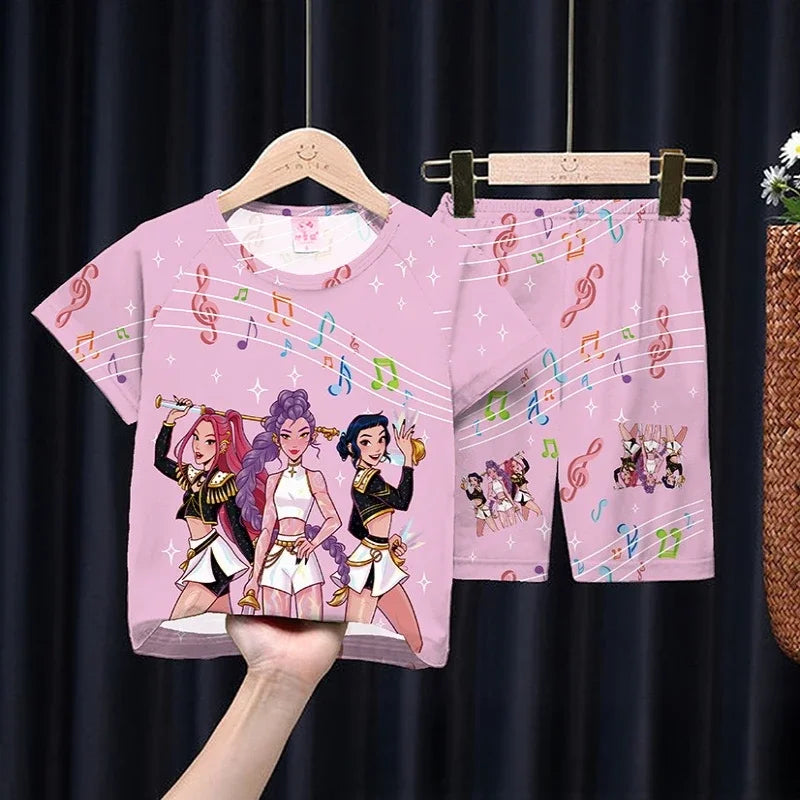 Girls Children's Pajamas Set Summer Short Sleeve Cartoon Kpop Demon Hunters Girls Middle Kids Homewear Christmas Clothes Set
