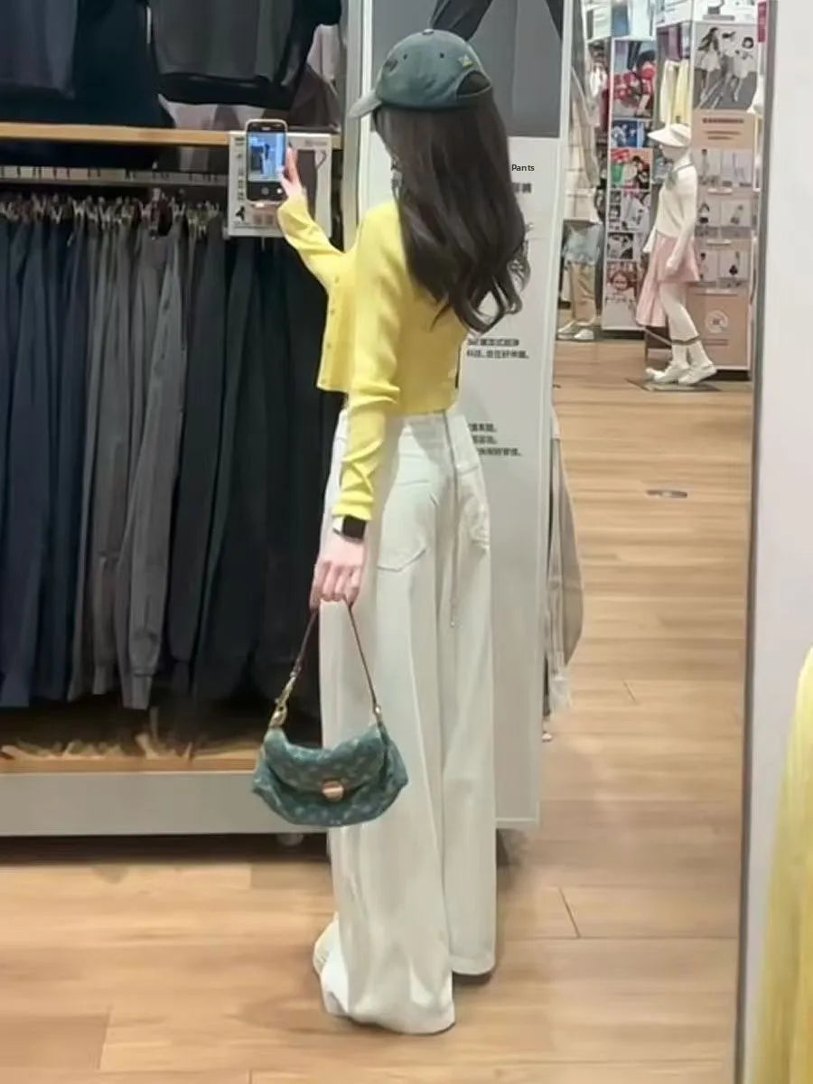 High Waist Wide Leg Straight Cut Jeans White Loose Slimming Drapey Floor Length Trousers Street Style Trendy Jeans