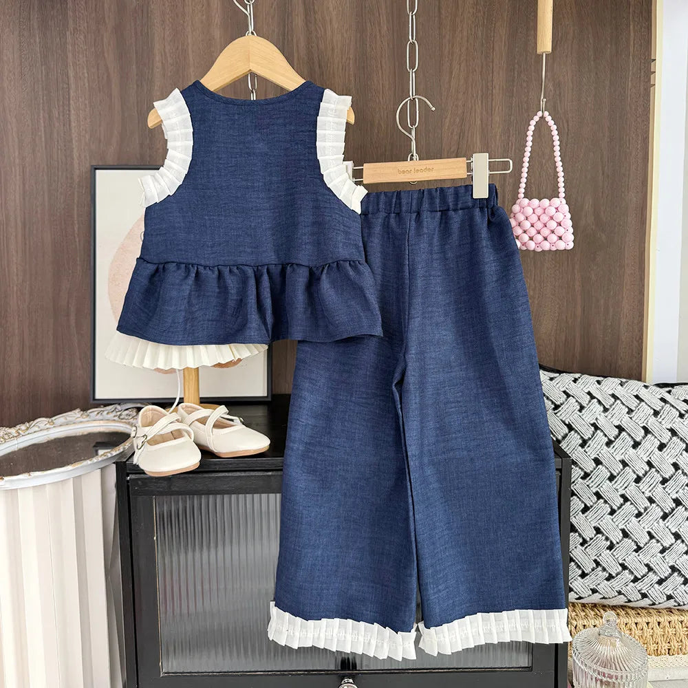 Bear Leader Korean Version Kids Clothes Girls Blue Imitation Denim Suit Summer New Sleeveless Top+Wide Leg Pants Two-piece Set