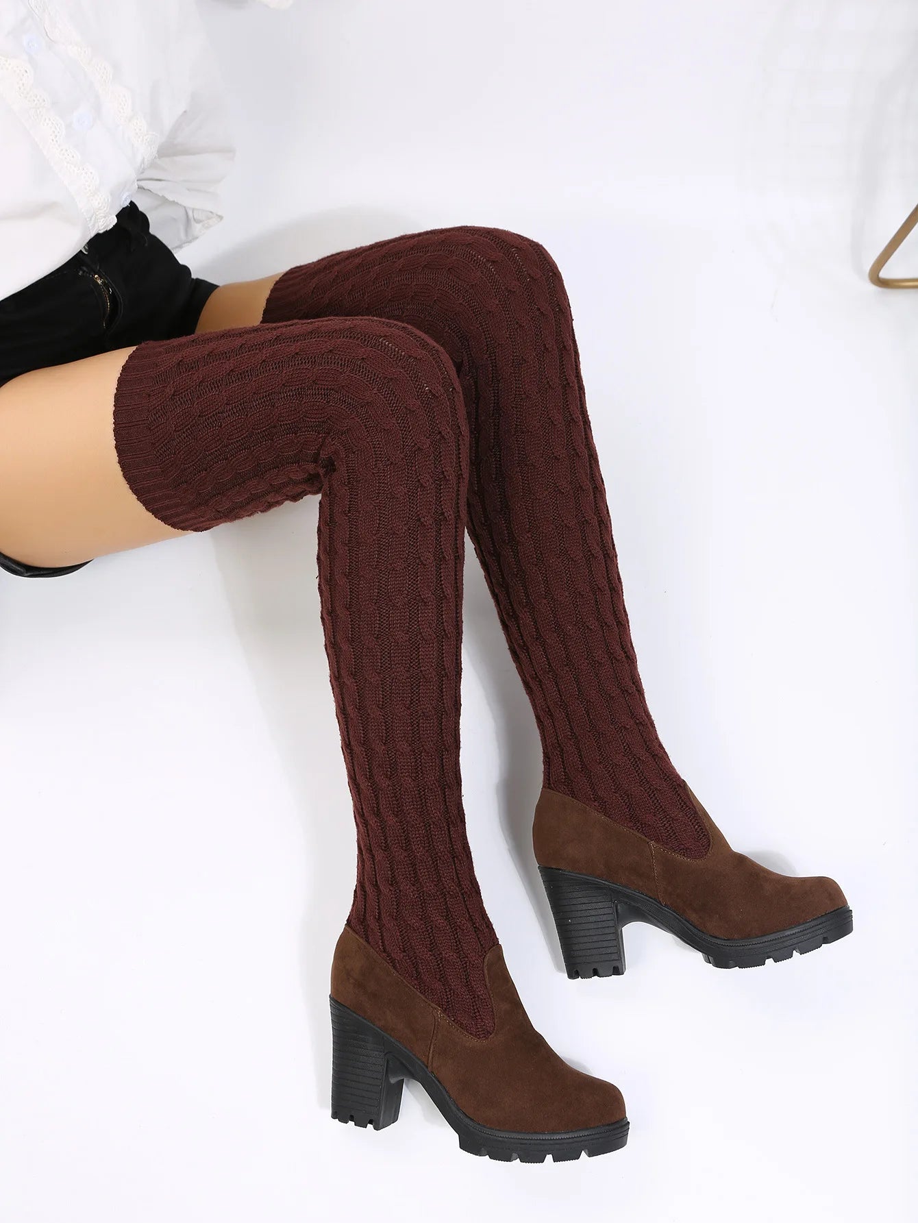 Women's Boots 2026 Autumn Winter High Heels Boots for Woman Shoes Knitting Wool Long Boot Women Brown/Black Boot Ladies Shoes