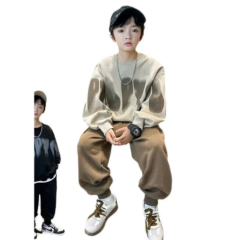 2025  winter autumn Boys Clothes Set cotton loose Sweatshirt hooded + Pants Tracksuits Kids Suit Children 4 8 9 10 11 12 14 Year