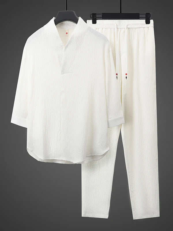 Summer Thin Ice Silk Casual Loose Sve T-irt Two-Piece Set for Young Men Comfortable Breathable Lightweight Long Pants