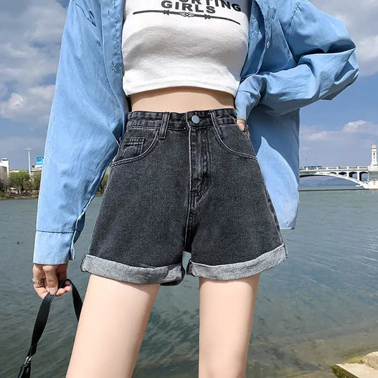 High Waist Loose Fit A- Line Wide Leg Short Jeans Women's Summer Thin New Style Fashionable Cuffed Hot Pants Trendy INS