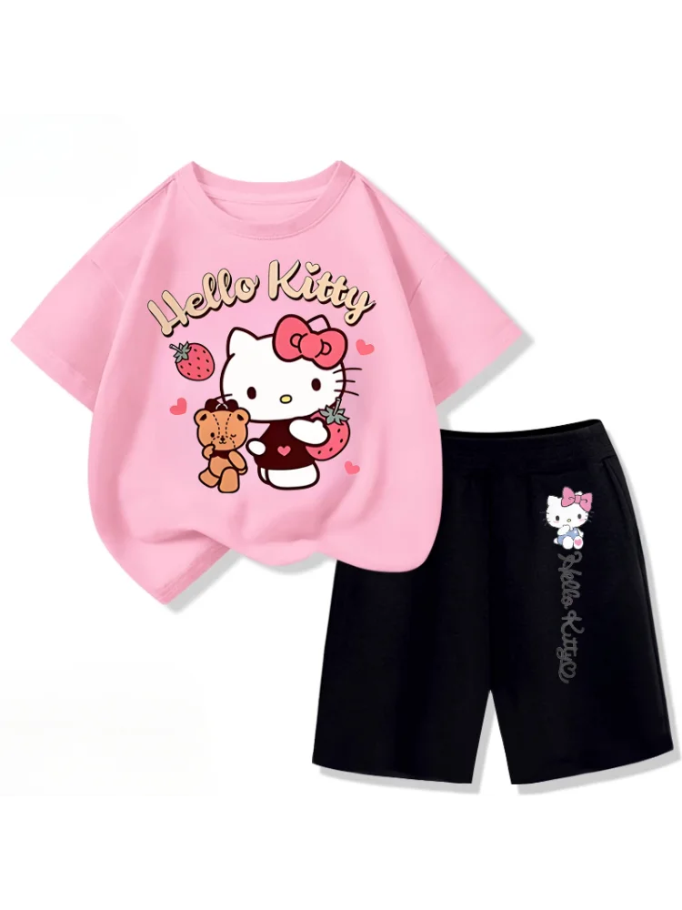 Sanrio Children's T-shirts Sets Girls Summer Short Sleeve Shorts Two Piece Suit Kids Outfits Breathable Sport Clothes Set