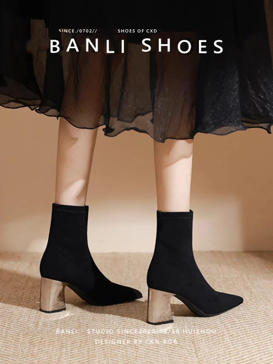 Womens Sexy Boots Suede Women'S Thick Heels And Pointed Black High Heels Versatile And Elegant Boots Zapatos De Mujer Ofertas