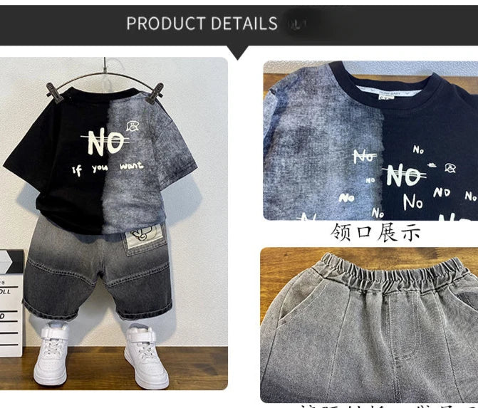 Korean Baby Boys Summer Sets Children's Clothing Short-Sleeved Letter T-Shirt & Denim Shorts Kids Boys Outfits Clothes 2-11Y