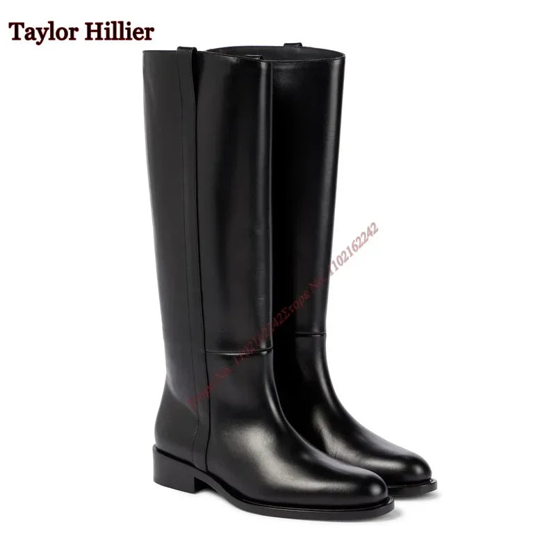 Black Round Toe Slip-On Women'S Boots Patent Leather Thick Heel Flat Knee-High Boots Fashionable Luxury Comfortable Winter Boots