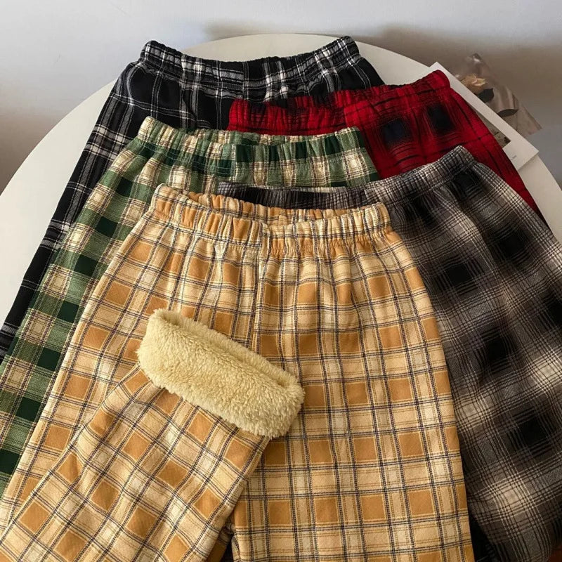 High Waist Straight Leg Pants Women's Autumn Winter Thickened Fleece Lamb Velvet Plaid Pants Loose Wide Leg Casual Trousers