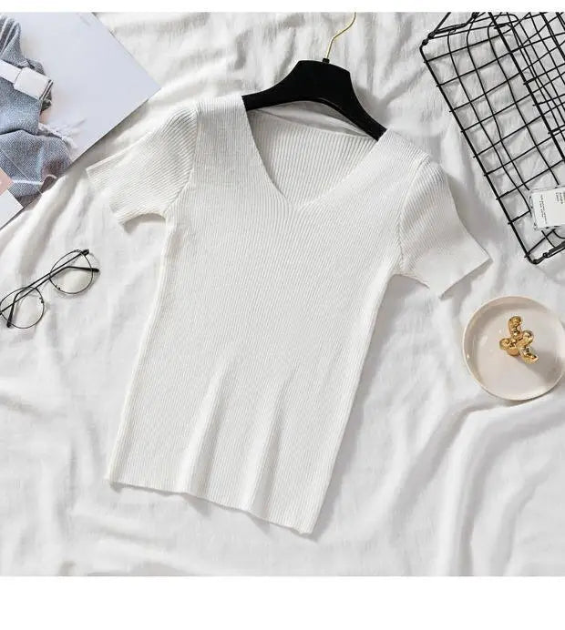 2026 Basic V-neck Solid Thin Summer Women Pullover Female Knitted Ribbed Sweater Slim Short Sleeve Bodycon Sweater
