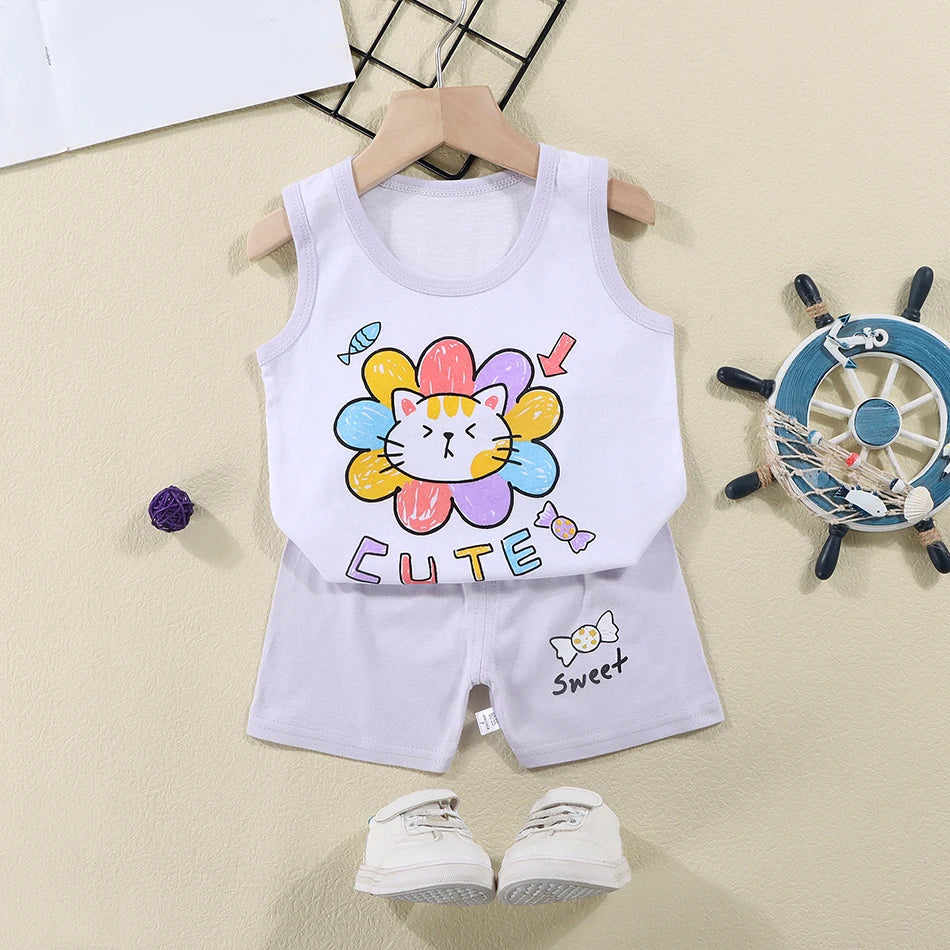 2 Pcs Summer Children's Animal Cartoon Print Vest Sets Girls Clothes Baby Korean Thin Boys Kids Sleeveless Casual Clothing Sets