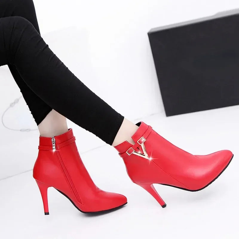 Botas Mujer Invierno  Autumn Stiletto Thin High Heels Woman Pointed Toe Pu Leather Zipper Sexy Ankle Women Boot Botines Chelsea8