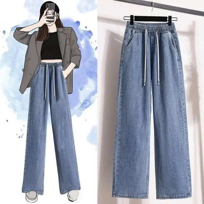 Slimming High Waist Wide Leg Jeans Women's plus Size Straight Cut Thin Denim Pants Comfortable Loose Fit Versatile Trousers