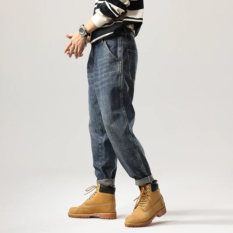 Men's Tapered Jeans Fashion Streetwear Casual Pants Personality Vintage Blue Denim Trousers Hip Hop High Quality Male Clothes