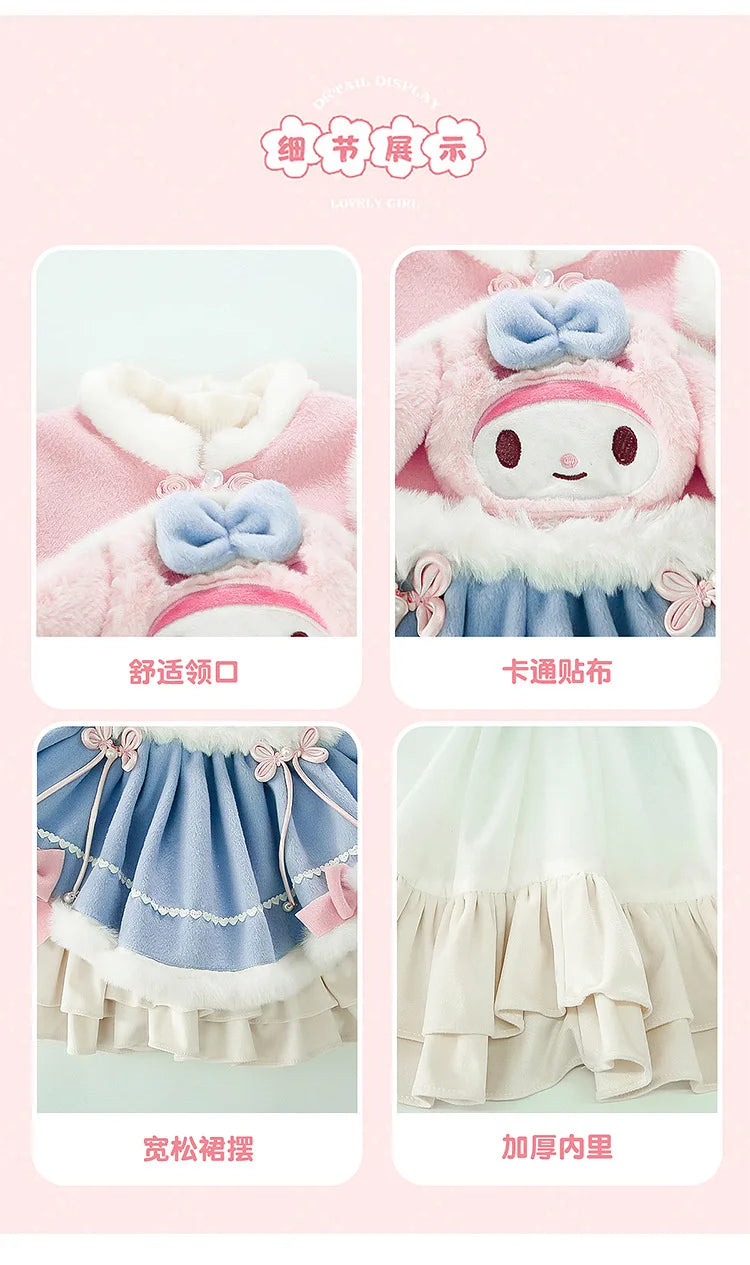 Anime My Melody Lolita Princess Dress Girl Bow Decoration Party Dress Ruffled Tutu Skirt Fleece-Lined Layered Dress Ball Gown