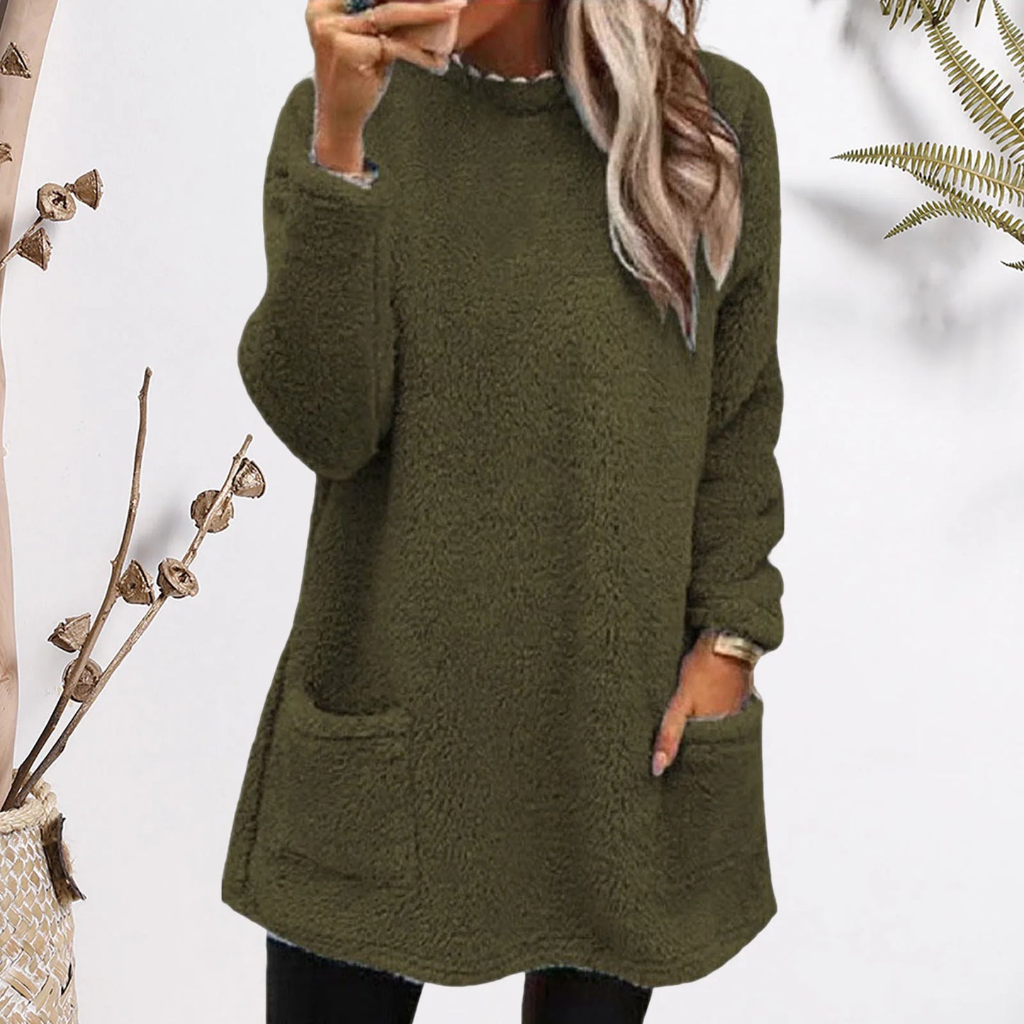 Autumn Winter Casual Women Solid Color Crew Neck Long Sleeve Sweatshirt Pullover