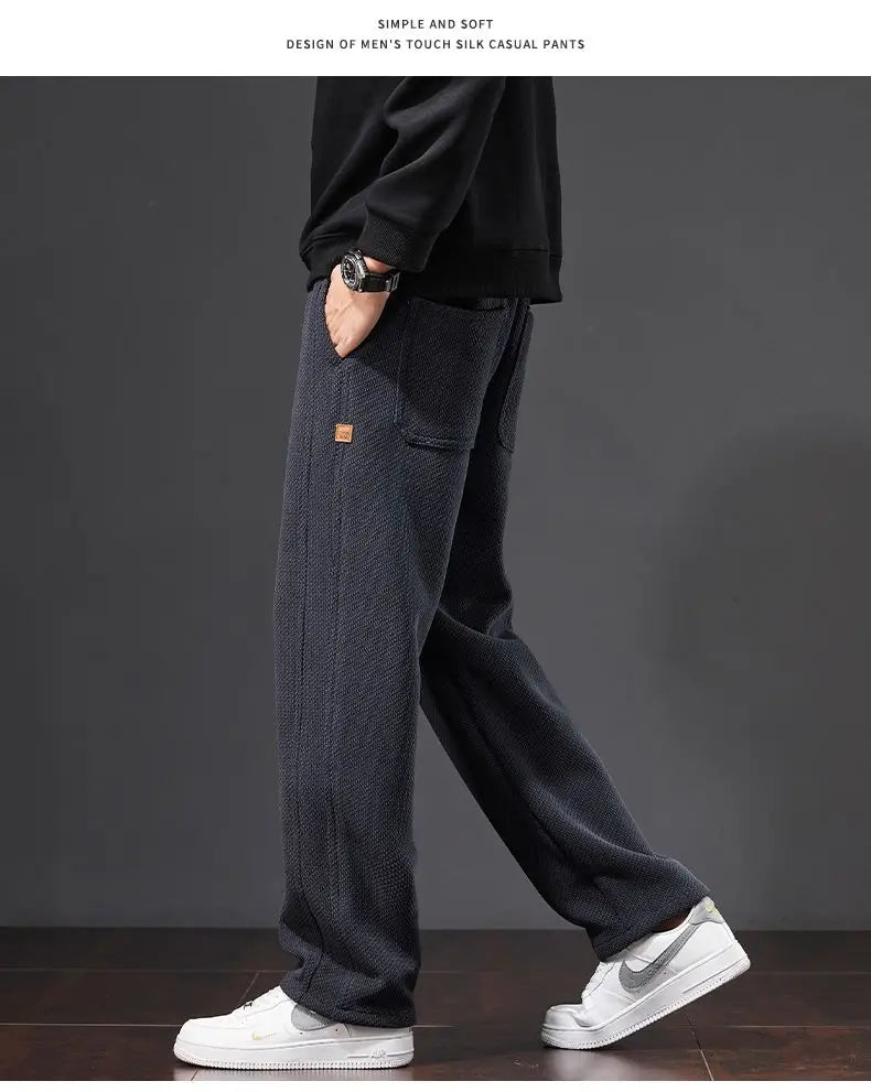 Autumn and Winter Plush Knitted Plaid Comfortable Wide Leg Straight Casual Pants Men Slacks Men's Pants Plush Slacks