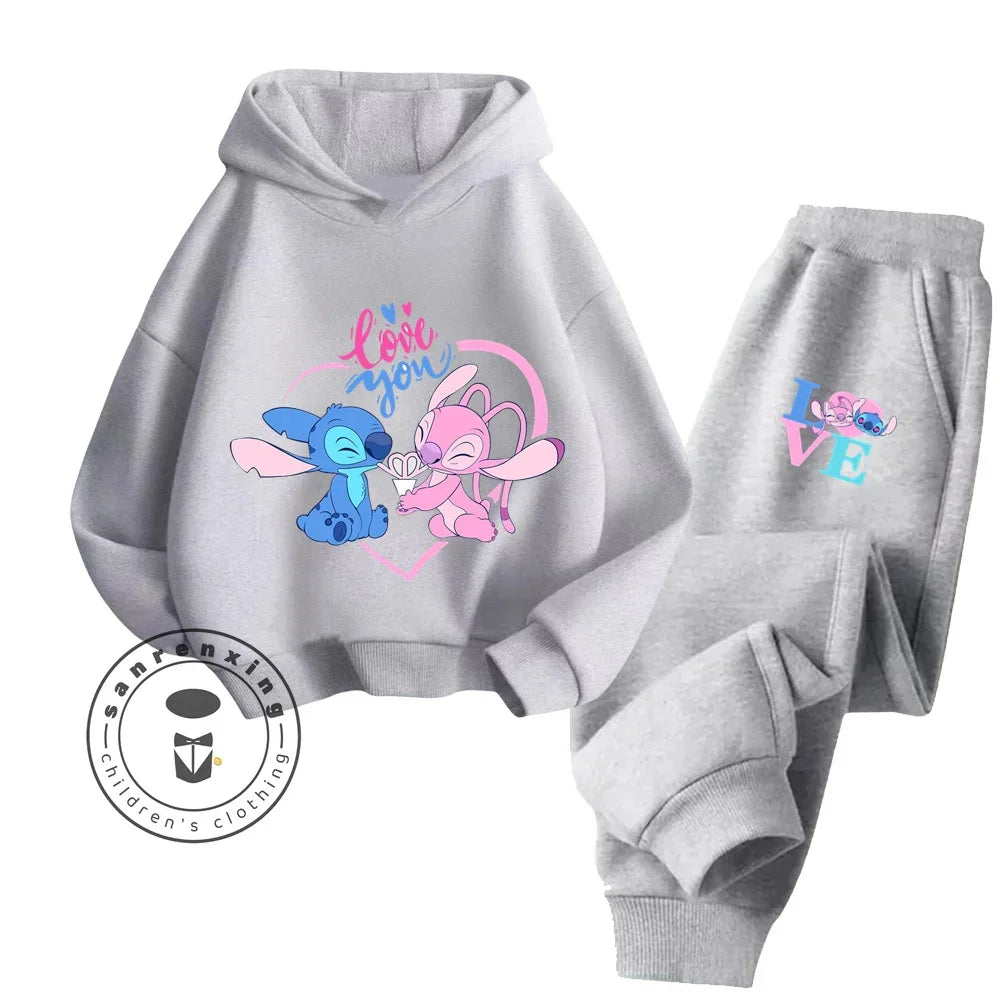 Cartoon Stitch Children Hooded Sweatshirt+Pants Two-piece Set Boy Girl Autumn Winter Daily Outdoor Vacation Warm Soft Sportswear