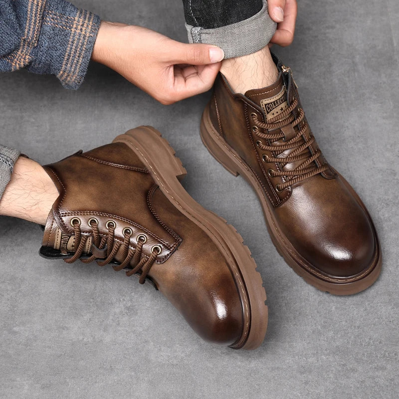 2025 New British Style Ankle Boots Men Outdoor Shoes Cargo Wear Casual High Quality Leather Boots Men's Non-slip Motorized Boots