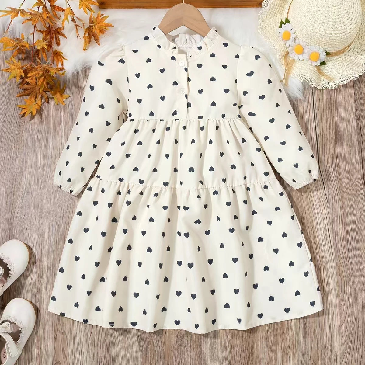 New Fall Girls' Dresses Stylish Black Heart Print Dress for Young Girls Princess-Style Loose Fit with Waist Cinching Flattering