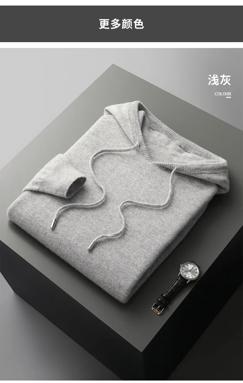 Men's One-piece ready-to-wear Hoodie 100% Merino Wool Knitted Sweatshirt Autumn Winter Casual Large Top Long Sleeved