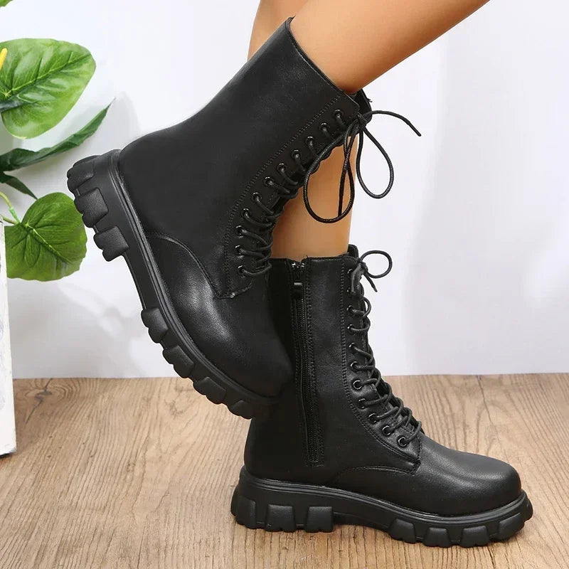 Boots Women 2024 Autumn Winter PU Leather White Ankle Boots Motorcycle Botines Female Chunky Heels Platform Boots Botas Mujer