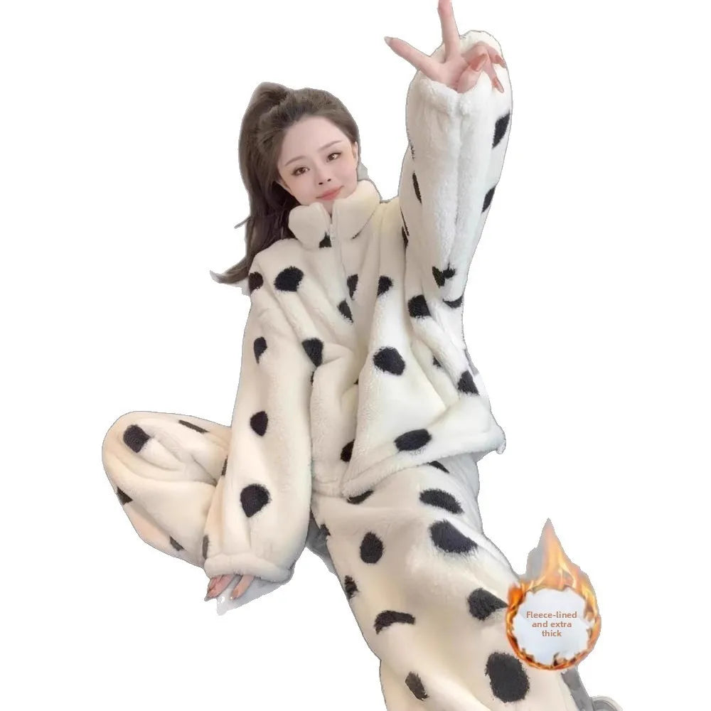 Thickened Flannel Home Set Sleepwear for Women Autumn Winter Style Long Sleeve Long Pants Home Warmth Outdoor Polka Dot Design
