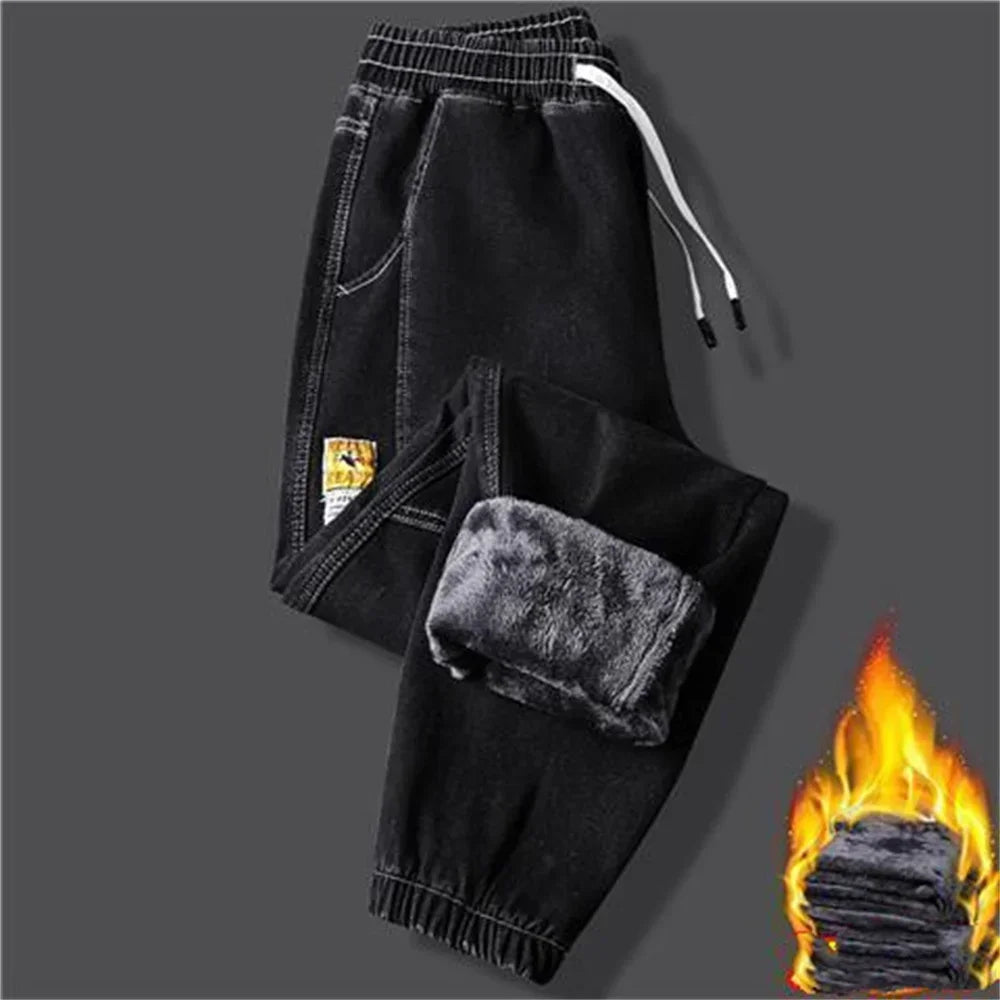 2023New Men's jeans Winter Fleece Jeans Thick Warm Denim Pants Men Streetwear Black Joggers Harem Jean Thermal Trousers
