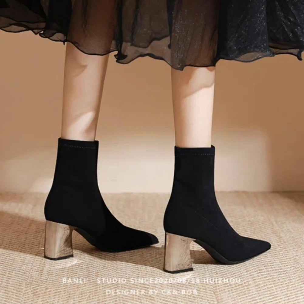 Womens Sexy Boots Suede Women'S Thick Heels And Pointed Black High Heels Versatile And Elegant Boots Zapatos De Mujer Ofertas